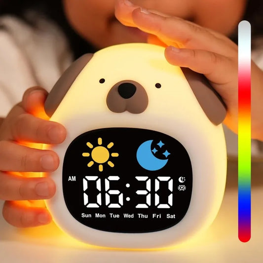 Kawaii Puppy Alarm Clock 🐶💤 | Cute Toddler Sleep Trainer with Colorful Night Light 🌈✨ for Kids' Bedrooms