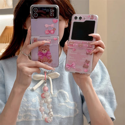 🐻✨ Adorable Bear Hinge Phone Case for Samsung Galaxy Z Flip 6/5/4/3 - Clear Cover with Chain Strap! 🌈💖