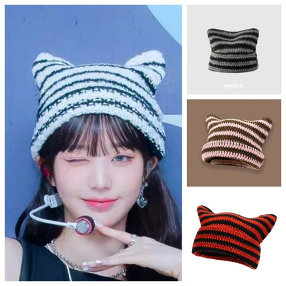 Kawaii Little Devil Striped Cat Ears Beanie 🐾✨ Cozy Knitted Hat for Trendy Autumn/Winter Fashion 🌟