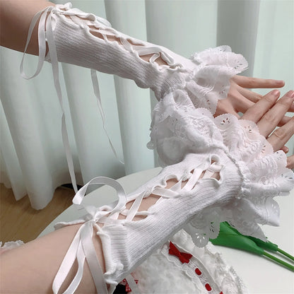 Women Lace Fingerless Gloves With Bowknot For Lolita Cosplay Arm Warmers 💗🎀