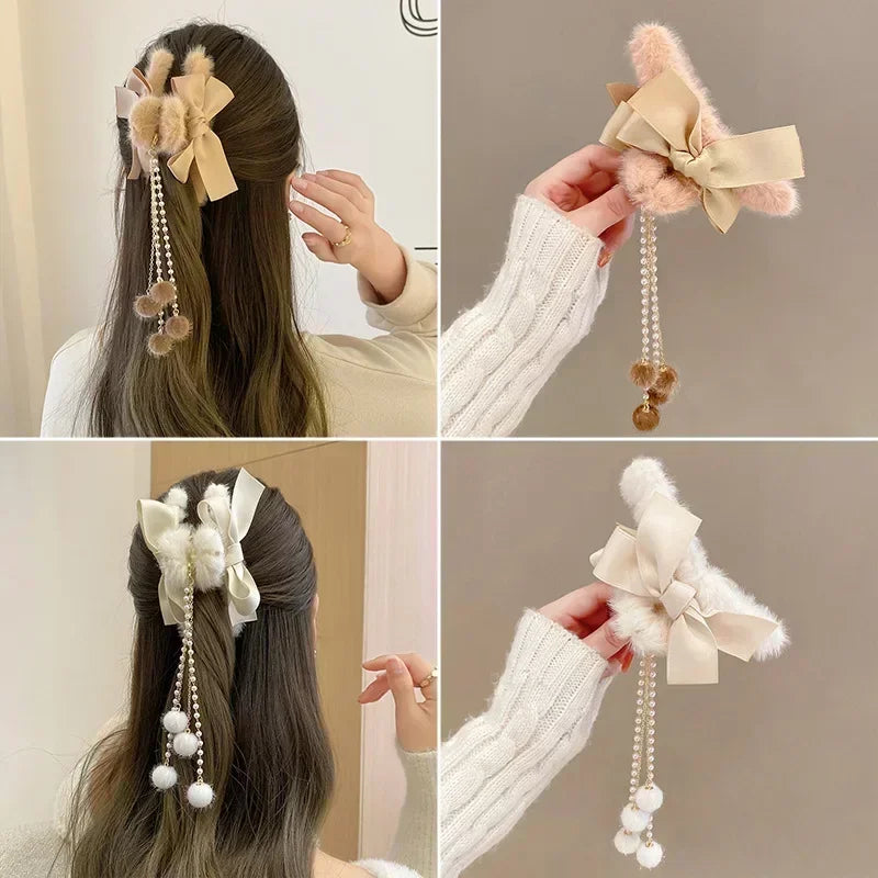 🎀 Plush Bow & Tassel Hair Claw Clips ✨ Cute Korean Style for Girls - Perfect Fall & Winter Accessory! 🦈