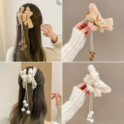 🎀 Plush Bow & Tassel Hair Claw Clips ✨ Cute Korean Style for Girls - Perfect Fall & Winter Accessory! 🦈