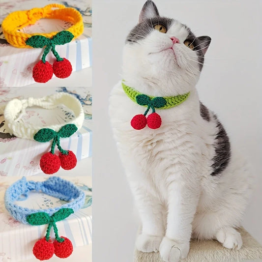 🌸 Adorable Cherry Charm Cat Collar 🌟 Handmade Knitted Cutie for Your Feline Friend 🐾✨