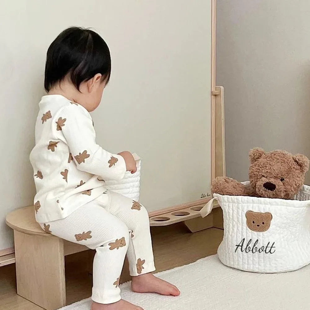 Personalized Kawaii Bear Storage Basket 🐻✨ | Cute Canvas Toy Organizer 🎀 | Perfect Baby Shower Gift 🎉💖