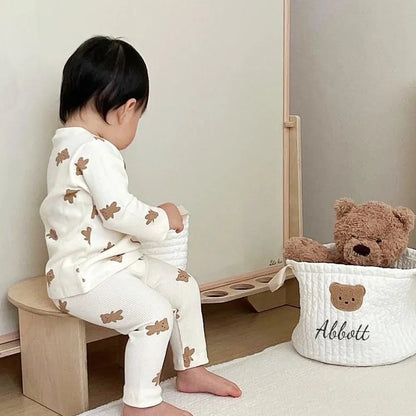 Personalized Kawaii Bear Storage Basket 🐻✨ | Cute Canvas Toy Organizer 🎀 | Perfect Baby Shower Gift 🎉💖
