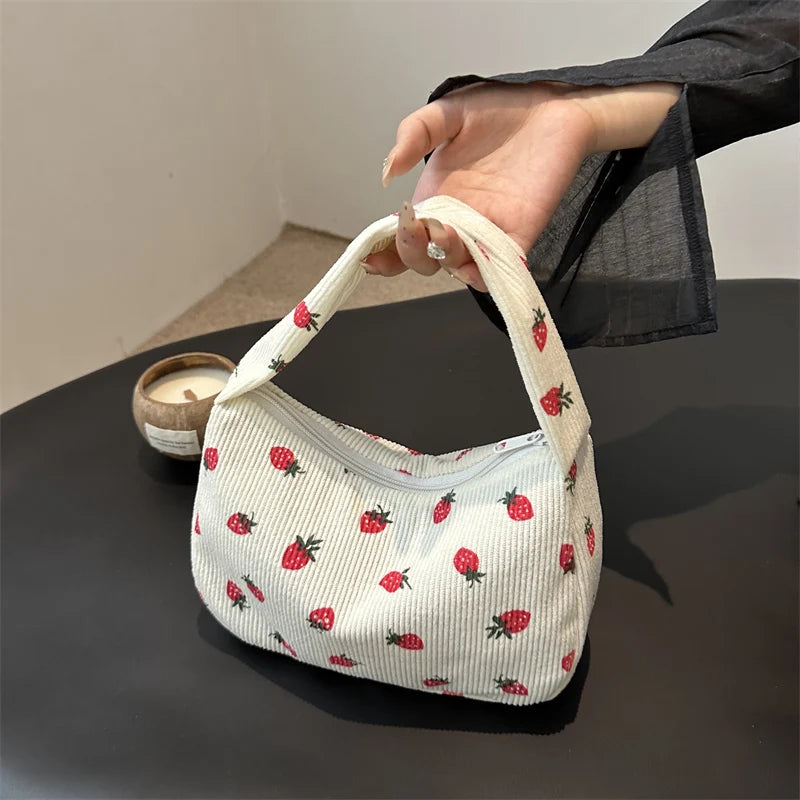 Strawberry Printed Shoulder Bag Corduroy Crossbody Bag Large Capacity Women Tote Bag Aesthetic Commuting Satchel Handbags Bolsas - Pixie Quill