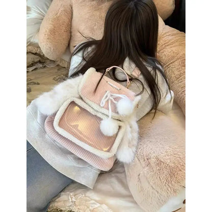 Kawaii Pink Bunny Ear Backpack 🐰✨ Cute Corduroy Ita Bag for Women – Adorable Plush Aesthetic! 🌸🎒