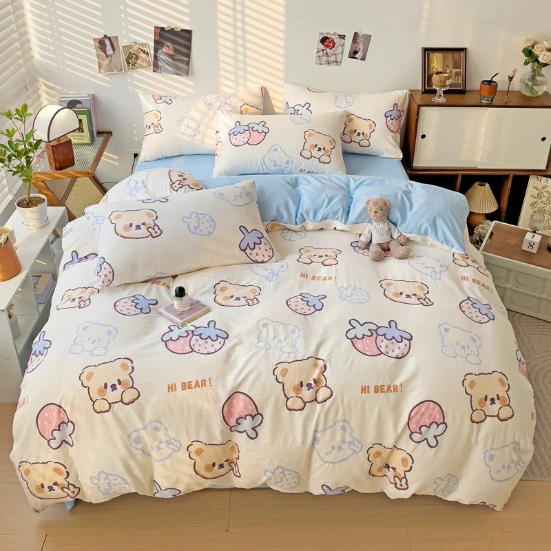 Kawaii Bear & Strawberry Duvet Cover Set 🍓🧸✨ - Perfect for Kids' Rooms!