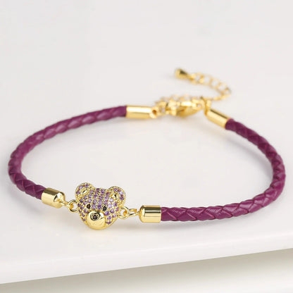 🐻✨ Adorable Bear Zirconia Charm Bracelet - 6 Color Adjustable Leather Rope for Everyone! 🎉🎈