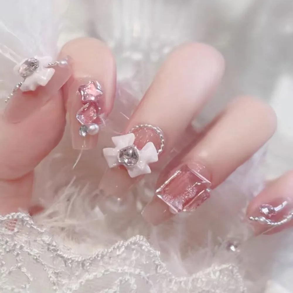 Kawaii Blush Pink 3D Bowknot & Pearl Press-On Nails 💖✨ | 24pcs Adorable Fake Nail Tips for Cute DIY Manicures!