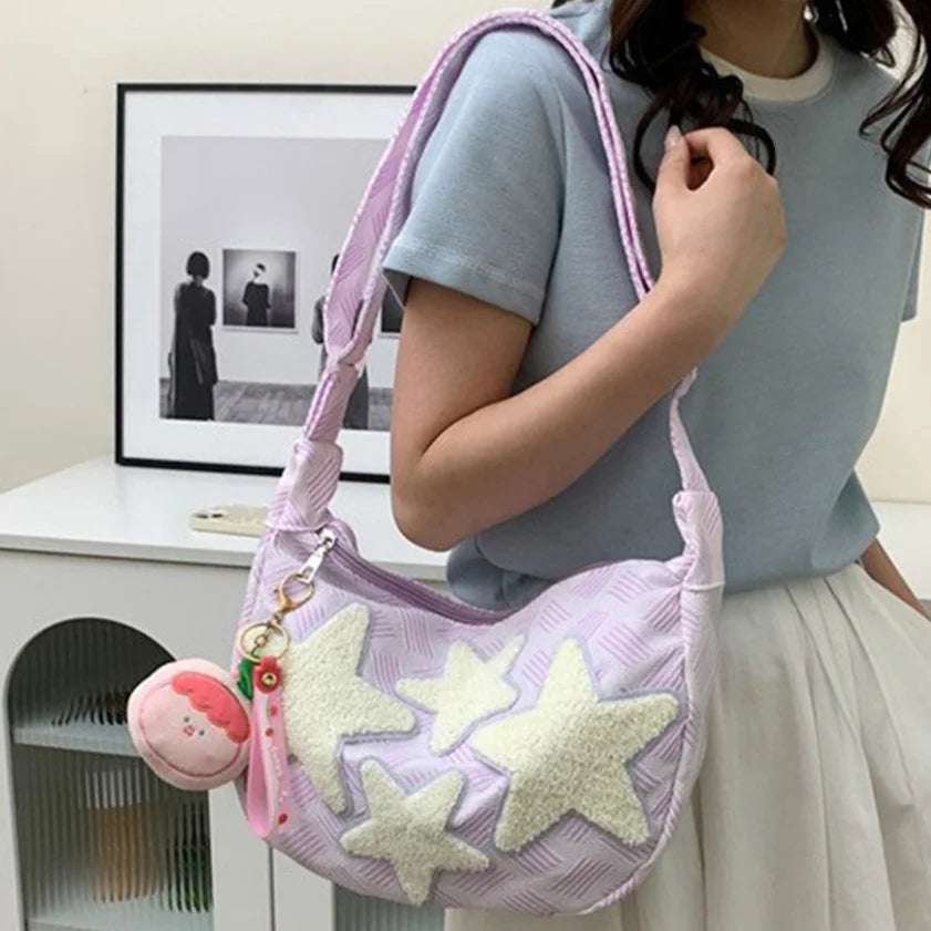 ✨ Kawaii Canvas Dumpling Messenger Bag 🌙 Cute Star-Embroidered Crossbody 💖
