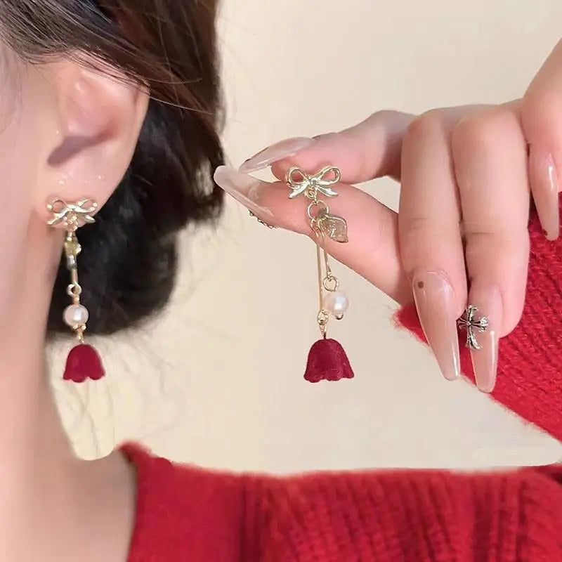 Charming Wine Red Bow Pearl Tassel Earrings 🎀🌟 | Kawaii 2024 Bridal Jewelry ✨