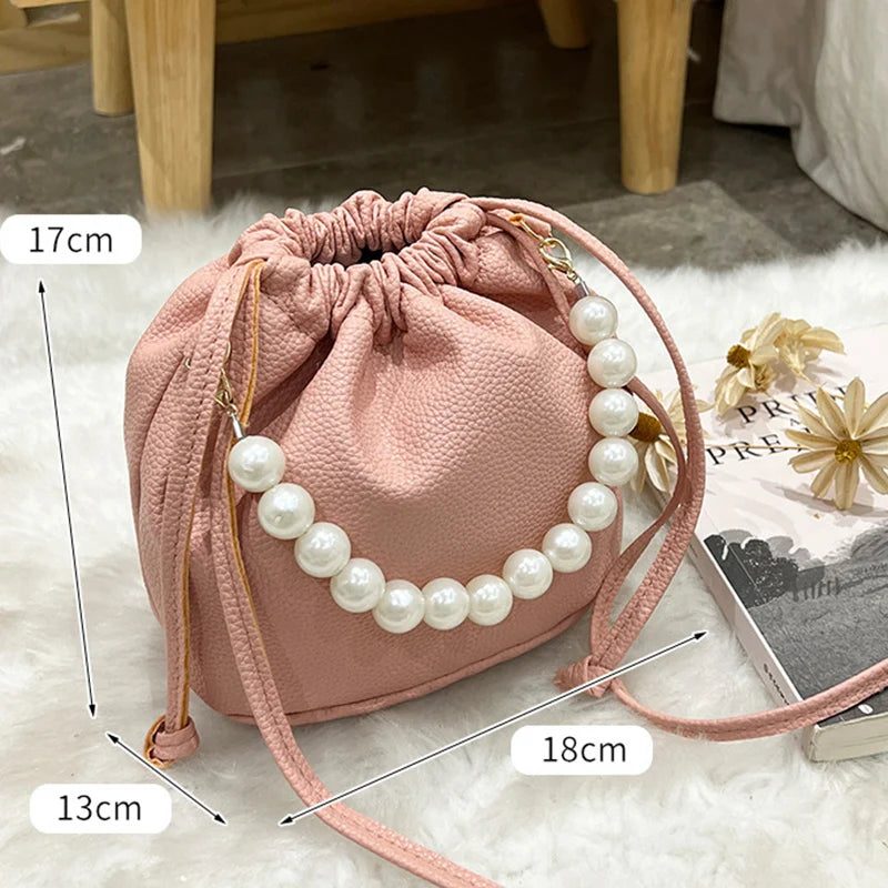 Kawaii Pearl Chain Bucket Bag 🐰✨ | Adorable PU Shoulder Tote for Trendy Ladies