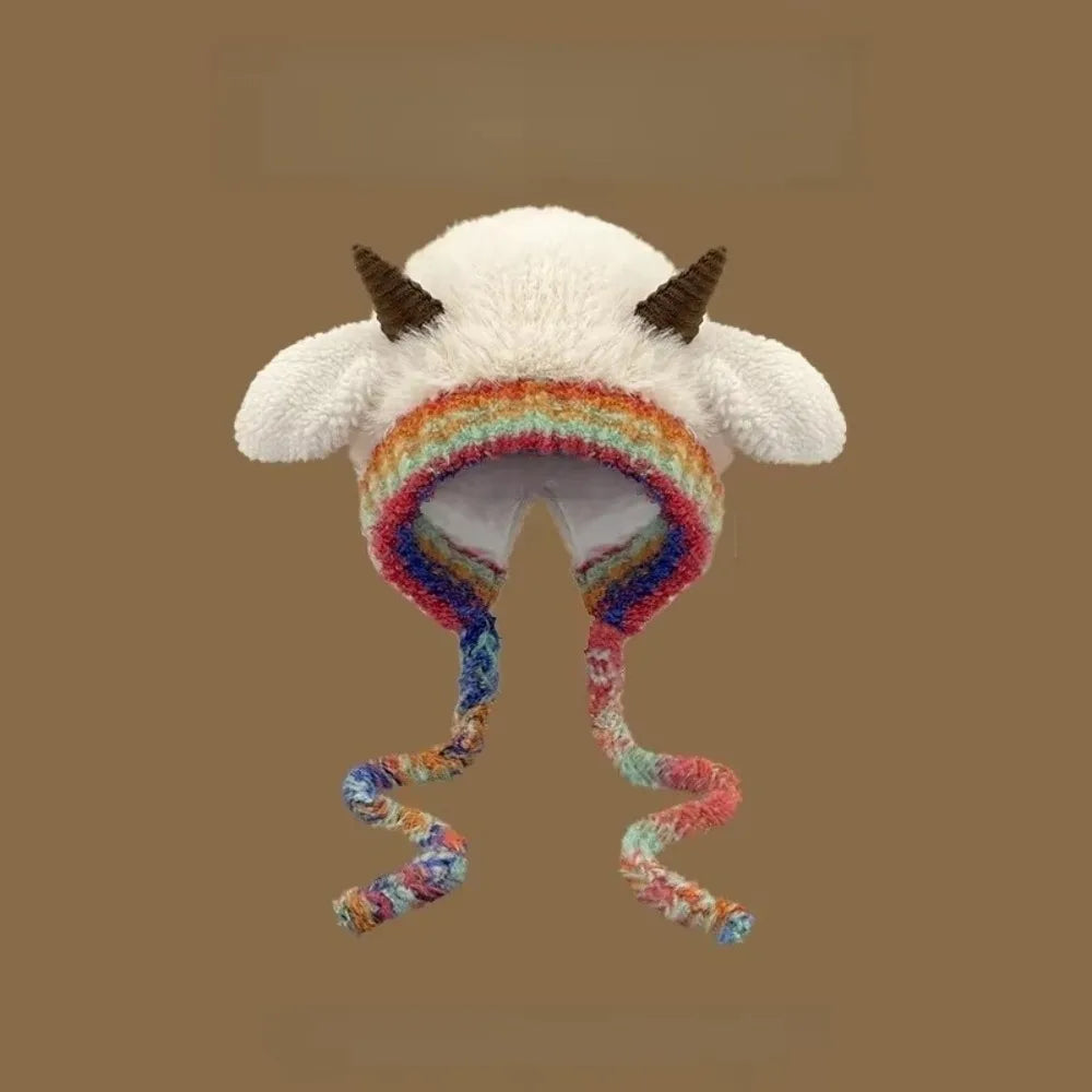 Cute Plush Knit Beanie With Earmuffs Horn Design Winter Hat For Women❄️