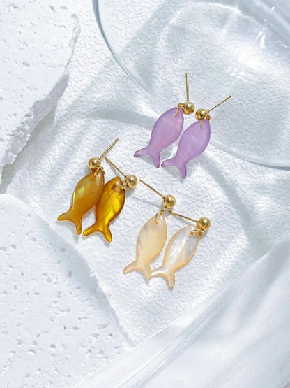 Pastel Shell Fish Pendant Earrings For Women Multicolor Beach Party Jewelry Waterproof Stainless Steel 💖🐟✨