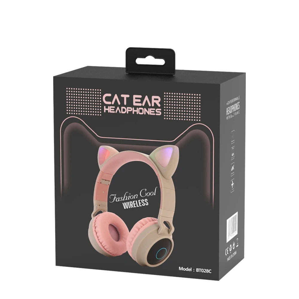 ✨ Kawaii Cat Ear Bluetooth Headphones 🎶 - Adorable LED Music Headset for Girls 💖 - Supports TF Card & FM Radio! 🌈