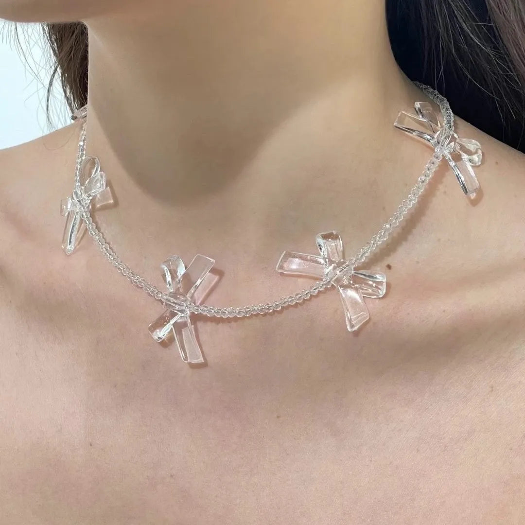 Kawaii Acrylic Bow Necklace 💖✨ - Cute Transparent Beaded Choker for Parties & Celebrations 🎉