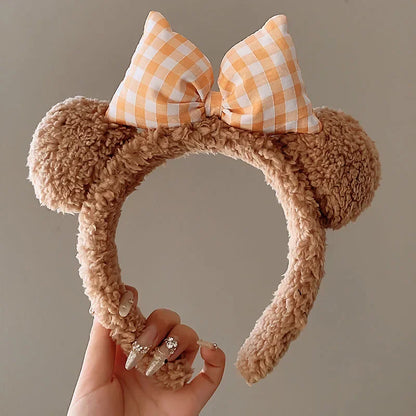 Kawaii Bear Ear Headband 🐻✨ | Cute Bowknot Hairband for Winter | Plush Cartoon Face Wash Hair Hoop for Girls 🎀