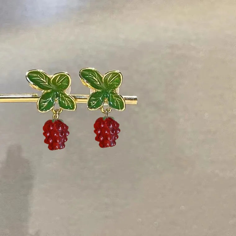 Kawaii Strawberry Blossom Drop Earrings 🍓✨ | Cute 3D Fruit & Leaf Jewelry for Girls 🌼💖