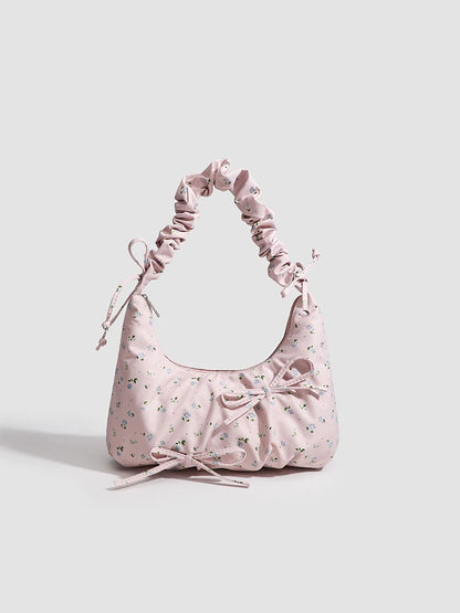 Kawaii Floral Canvas Rouched Handbag with Bow Decoration🌸✨