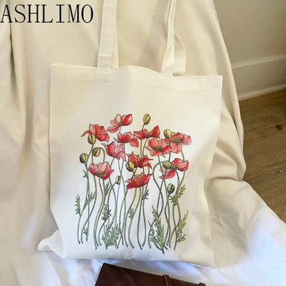 Kawaii Floral Canvas Tote 🌼💖 | Cute Eco-Friendly Shoulder Bag for School & Shopping 🌸✨
