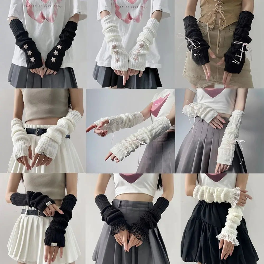 Fingerless Long Wrist Gloves Arm Warmers False Sleeves Knitted Gloves Finger Sleeves Cover Black White Half Finger Gloves