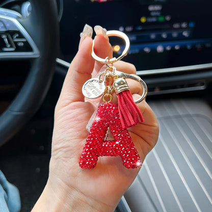 Red English Letter Car Keychain With Diamond Bag Pendant 🗝️💎✨
