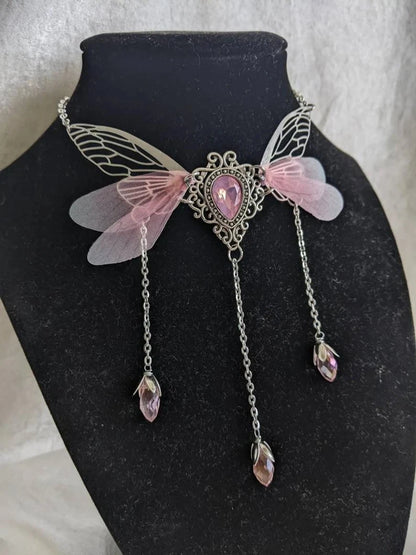 Kawaii Enchanted Faerie Queen Necklace ✨🧚‍♀️ with Wing Charm & Crystal Drops 🌸🌟