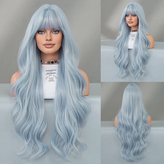 ✨Kawaii Light Blue Wavy Wig 🌊 | Sweet Bangs & Heat Resistant Cosplay Style 💖 | Perfect for Daily Wear & Parties!