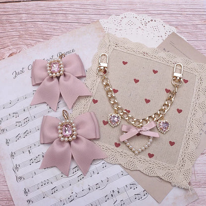 Kawaii Pearl Bow Rhinestone Love Pendant Bag Charm 🎀 | Handmade Japanese Sweet Accessories for Girls 💖✨