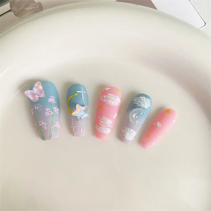 Kawaii Butterfly & Flower Press-On Nails 🌸🐝 | Handmade Reusable Adhesive Fake Nail Art for Women 💅✨