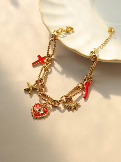 Stainless Steel Charm Bracelet For Women Playful Vintage Thread Stitching Eyes Starfish Bee Cross Pepper Charms ✨🐝⭐🌶