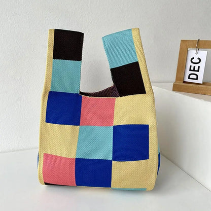Kawaii Knitted Mini Tote Bag 👜✨ | Cute Plaid Handbag for Women | Stylish & Versatile Reusable Shopping Bag 🌈💖