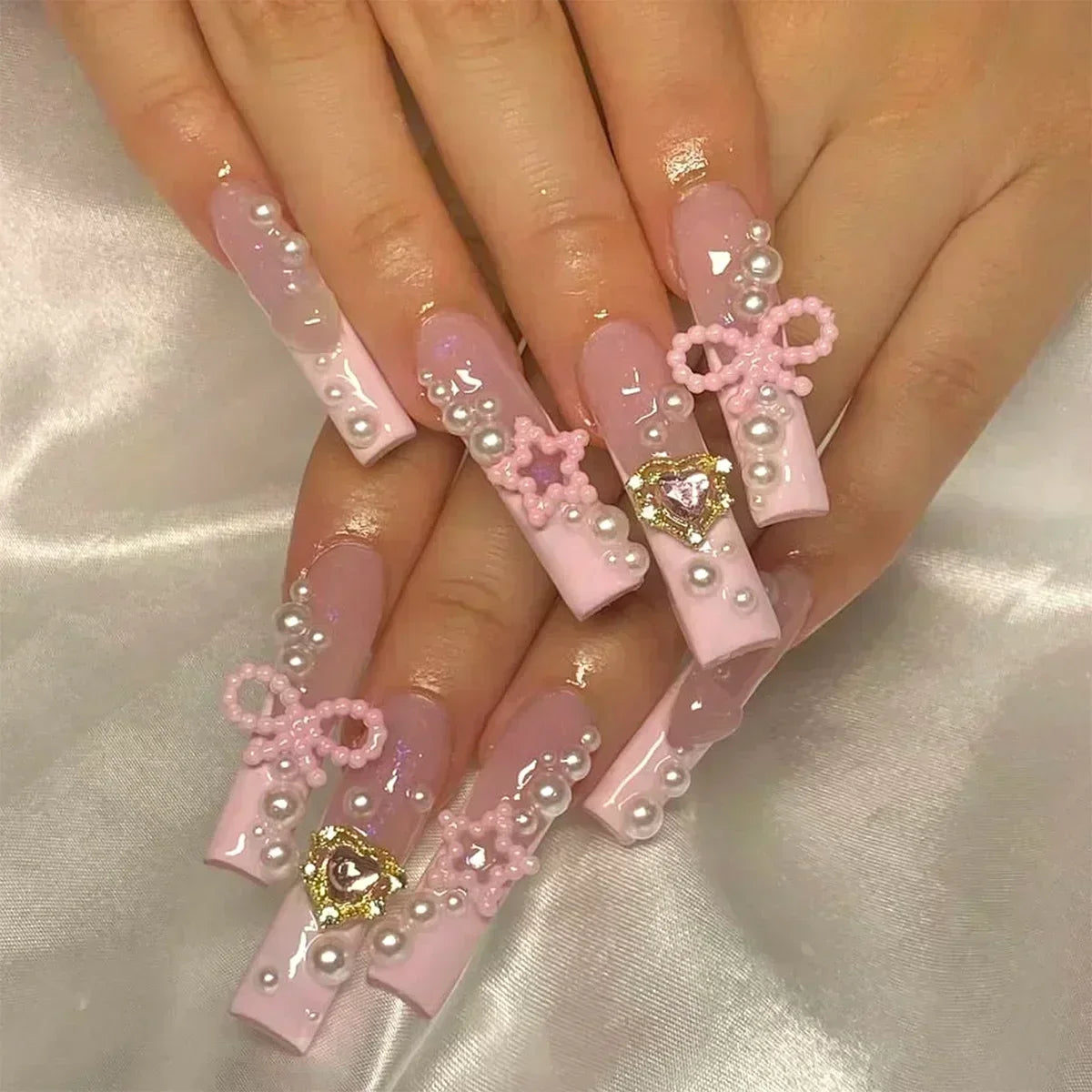 Kawaii Love Pattern Coffin Nails 🎀✨ | 24Pcs Brown French Full Cover Press-On Tips 💅💕