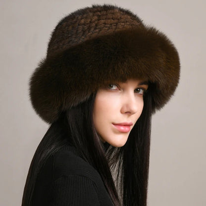 Kawaii Handmade Knitted Mink & Fox Fur Beanie 🎀✨ | Luxury Winter Hat for Stylish Women 🧣❄️