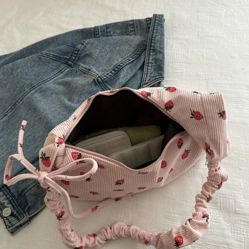 🍓Cute Corduroy Strawberry Shoulder Bag 🌟 Soft & Versatile Crossbody for Trendy Students! 💖 - Pixie Quill