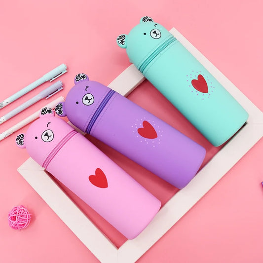 Bear Shaped Silicone Pencil Case Pen Holder For School Supplies Cute Storage 🐻✨