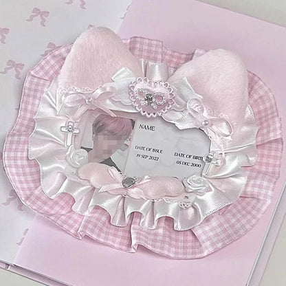 Kpop Idol Photo Holder Poker Storage Decor with Lace and Ribbon Plush Ears Cute Photocard Top Loader