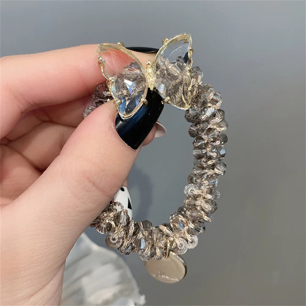 Kawaii Crystal Butterfly Hair Tie 🦋✨ | Luxurious Beaded Elastic Hair Band for Women & Girls | Exquisite Ponytail Accessory 🎀
