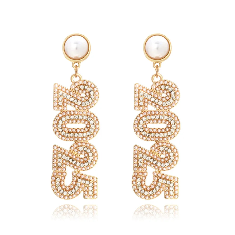 Kawaii 2025 Number Stud Earrings 🌟✨ Cute Long Rhinestone & Pearl Accents for Women 🎉 Perfect Gift for Friends & Family! 🌈