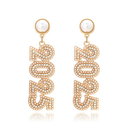 Kawaii 2025 Number Stud Earrings 🌟✨ Cute Long Rhinestone & Pearl Accents for Women 🎉 Perfect Gift for Friends & Family! 🌈