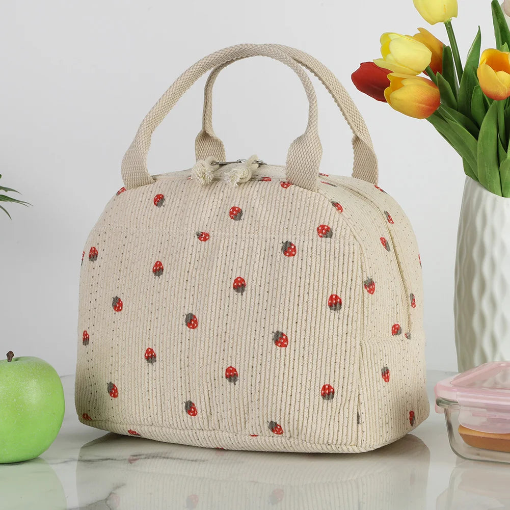 Kawaii Corduroy Lunch Bag 🌼🍓 | Insulated & Spacious Tote for Women, Girls & Kids - Perfect for Work, Travel & Picnics!