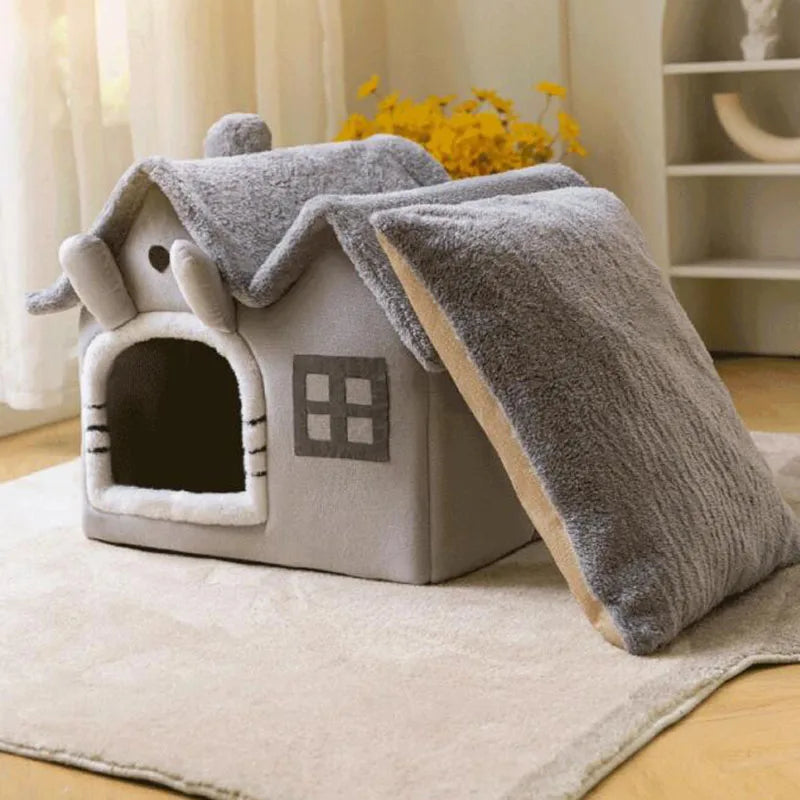 Kawaii Cozy Cat Nest 🐾🌸 | Double Roof Pet House for All Seasons 🌈 | Warm & Washable Small Dog Bed 🐶✨