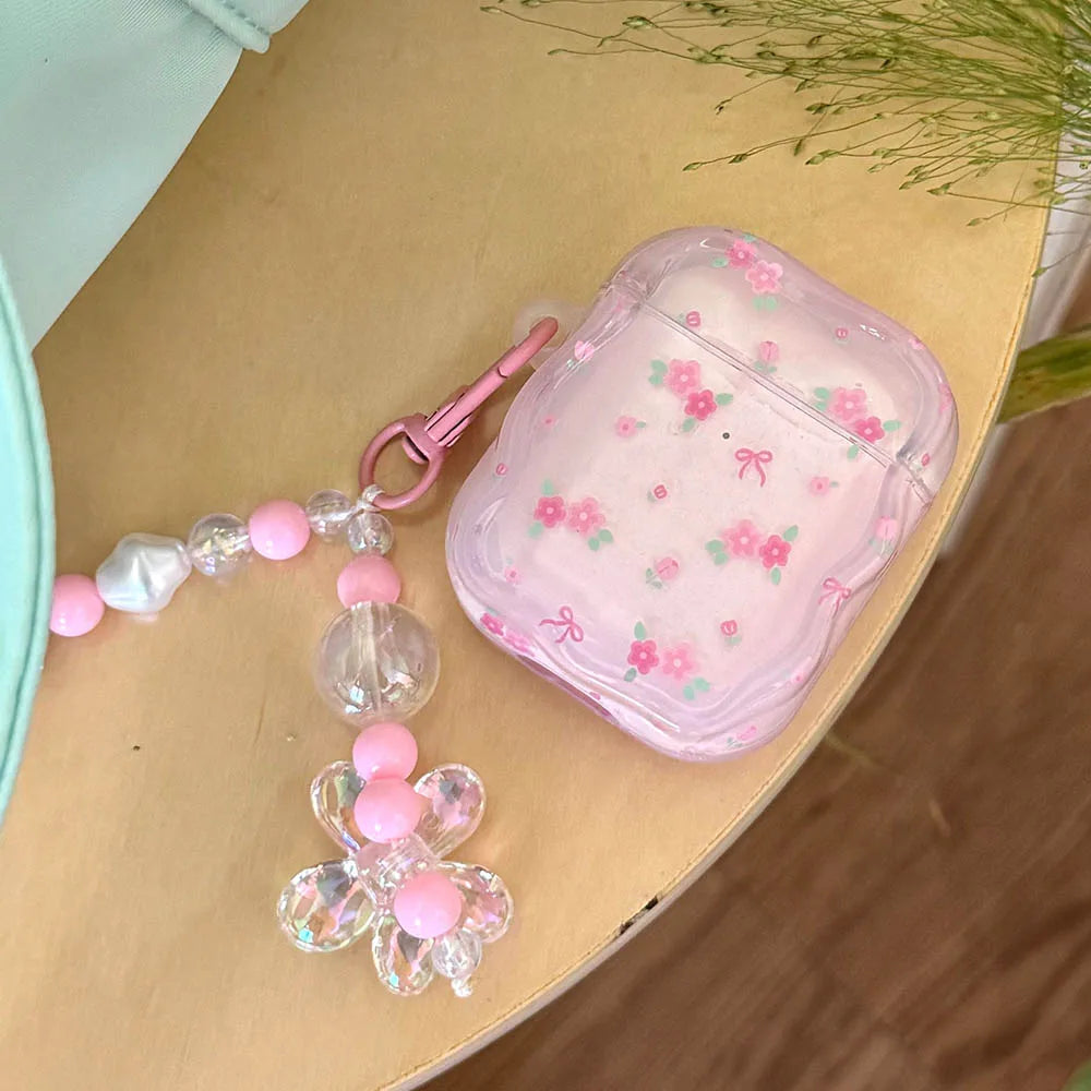 Cute Pink Flower Pattern Headphones Case For Airpods Pro 2nd 3rd Generation Soft Cover For AirPods 1 2 3 With Pearl Keychain - Pixie Quill