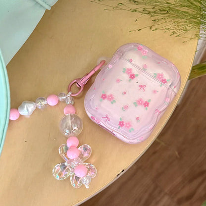 Cute Pink Flower Pattern Headphones Case For Airpods Pro 2nd 3rd Generation Soft Cover For AirPods 1 2 3 With Pearl Keychain - Pixie Quill