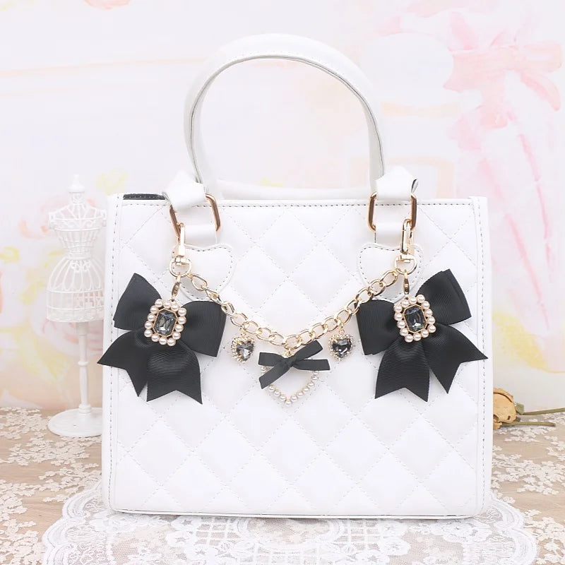 Kawaii Pearl Bow Rhinestone Love Pendant Bag Charm 🎀 | Handmade Japanese Sweet Accessories for Girls 💖✨