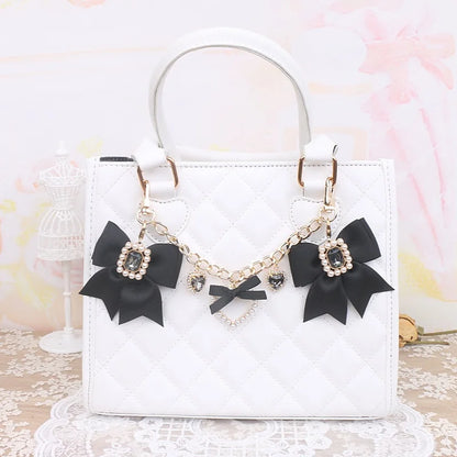 Kawaii Pearl Bow Rhinestone Love Pendant Bag Charm 🎀 | Handmade Japanese Sweet Accessories for Girls 💖✨
