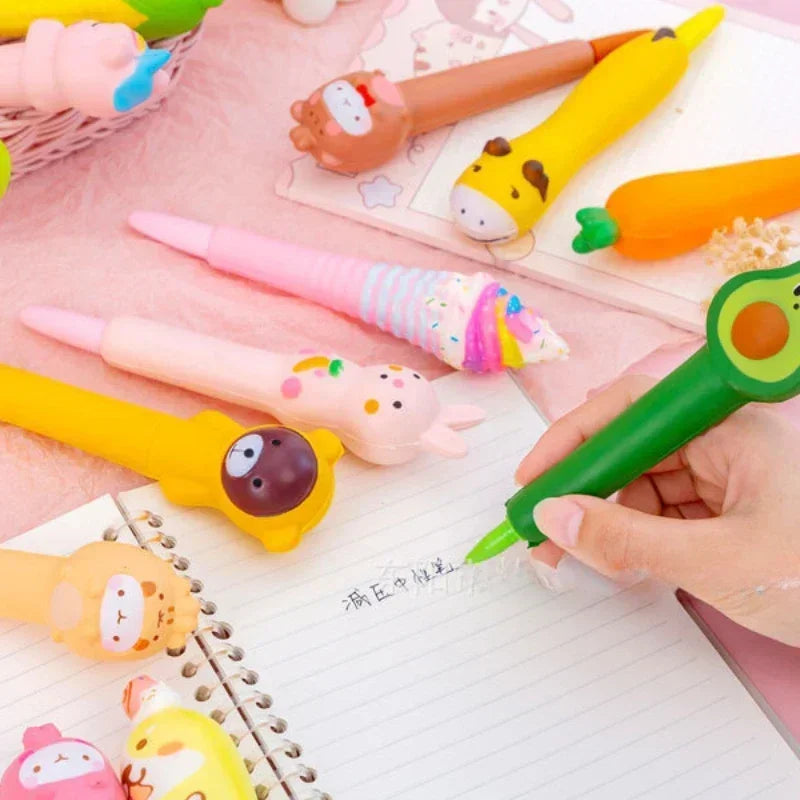 Kawaii 1Pc Adorable Cartoon Fruit Animal Gel Pen 🍓🐻 Soft & Squishy Decompression Stationery for Kids 🎉 0.5mm Fun Writing Tool