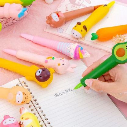 Kawaii 1Pc Adorable Cartoon Fruit Animal Gel Pen 🍓🐻 Soft & Squishy Decompression Stationery for Kids 🎉 0.5mm Fun Writing Tool