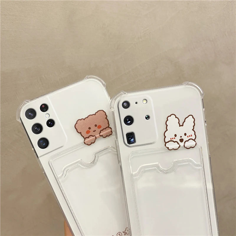 ✨ Adorable Transparent Bear Card Holder Case for Samsung Galaxy S22/S21/S20 FE/S10/S10e/Note 10/20 Plus Ultra 🐻💕